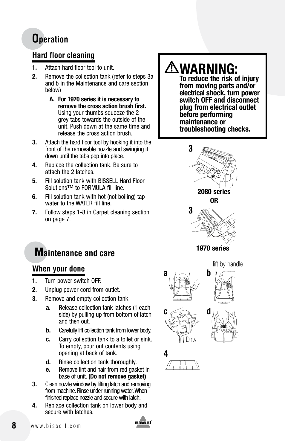 Warning, Aintenance and care 8, Peration | Ab c d 4 | Bissell 2080 User Manual | Page 8 / 12