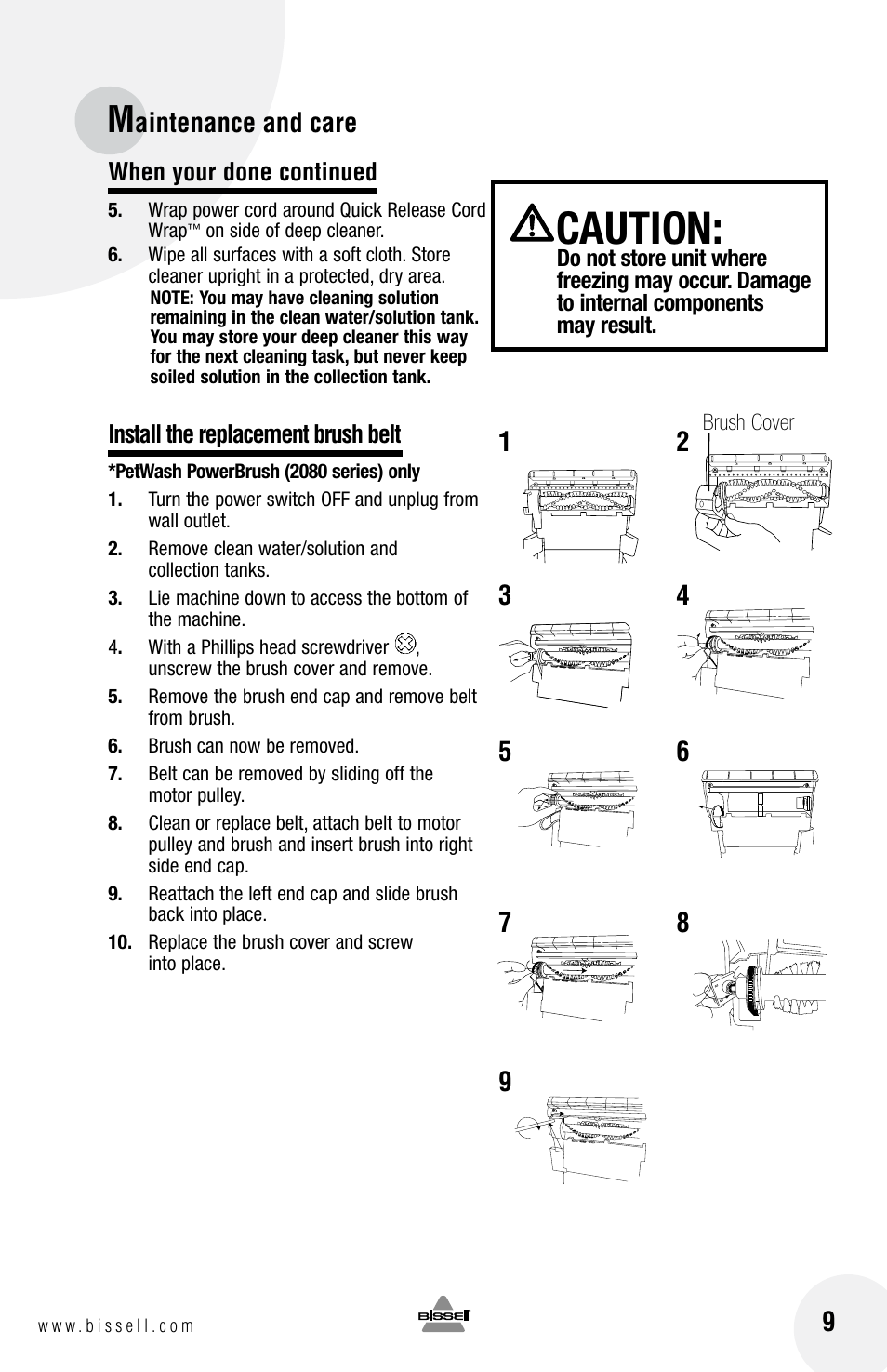 Caution, Aintenance and care 9 | Bissell 2080 User Manual | Page 9 / 12
