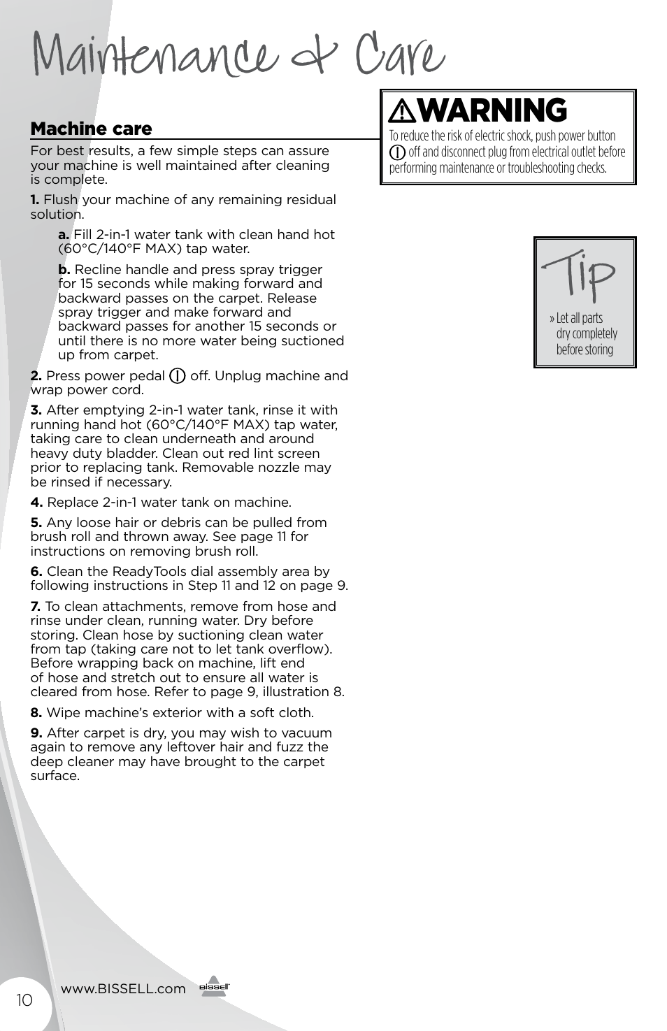 Maintenance & care, Warning | Bissell 3278 User Manual | Page 10 / 16