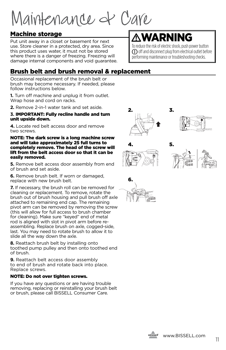 Maintenance & care, Warning, Machine storage | Brush belt and brush removal & replacement | Bissell 3278 User Manual | Page 11 / 16