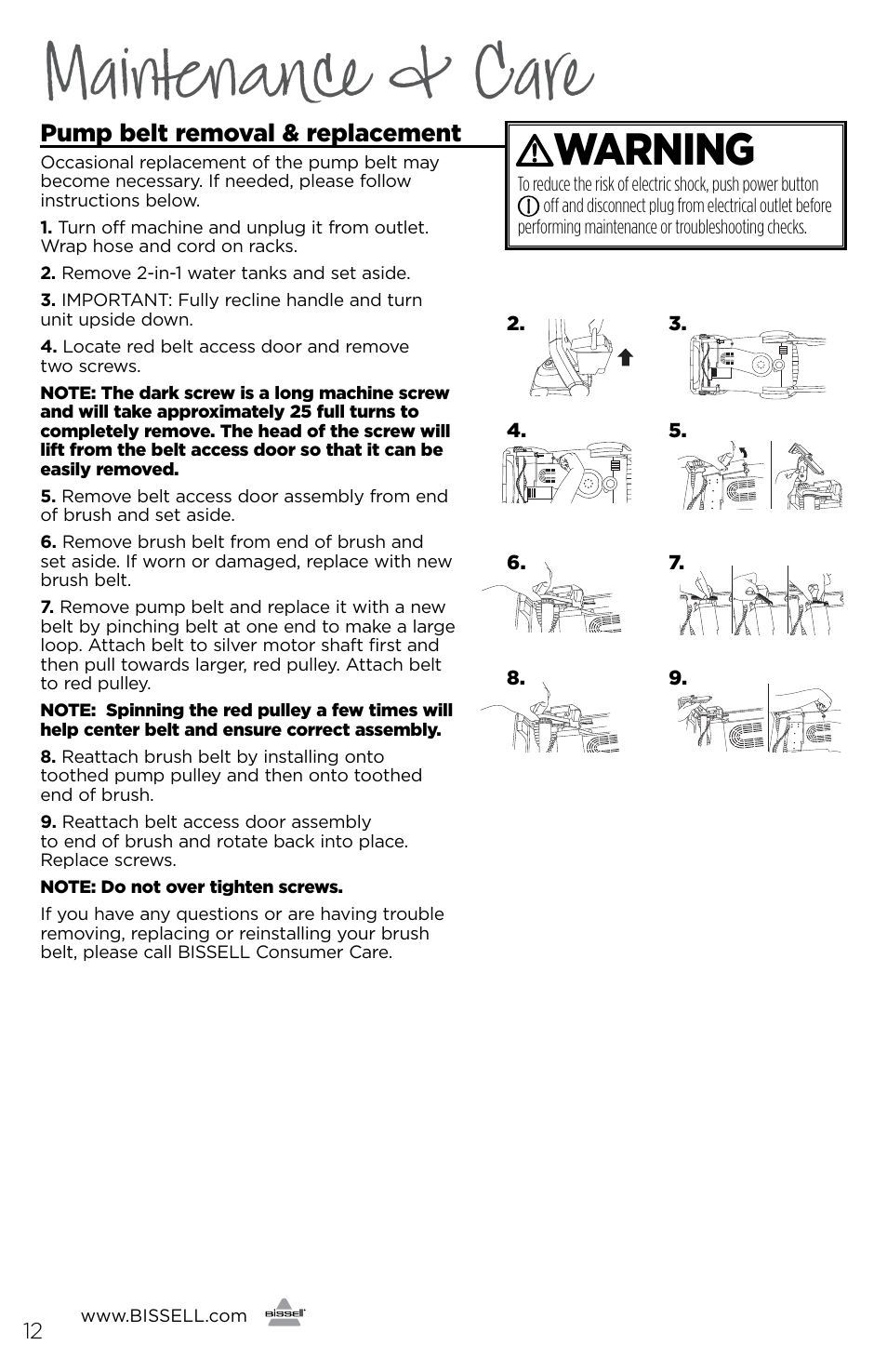 Maintenance & care, Warning, Pump belt removal & replacement | Bissell 3278 User Manual | Page 12 / 16