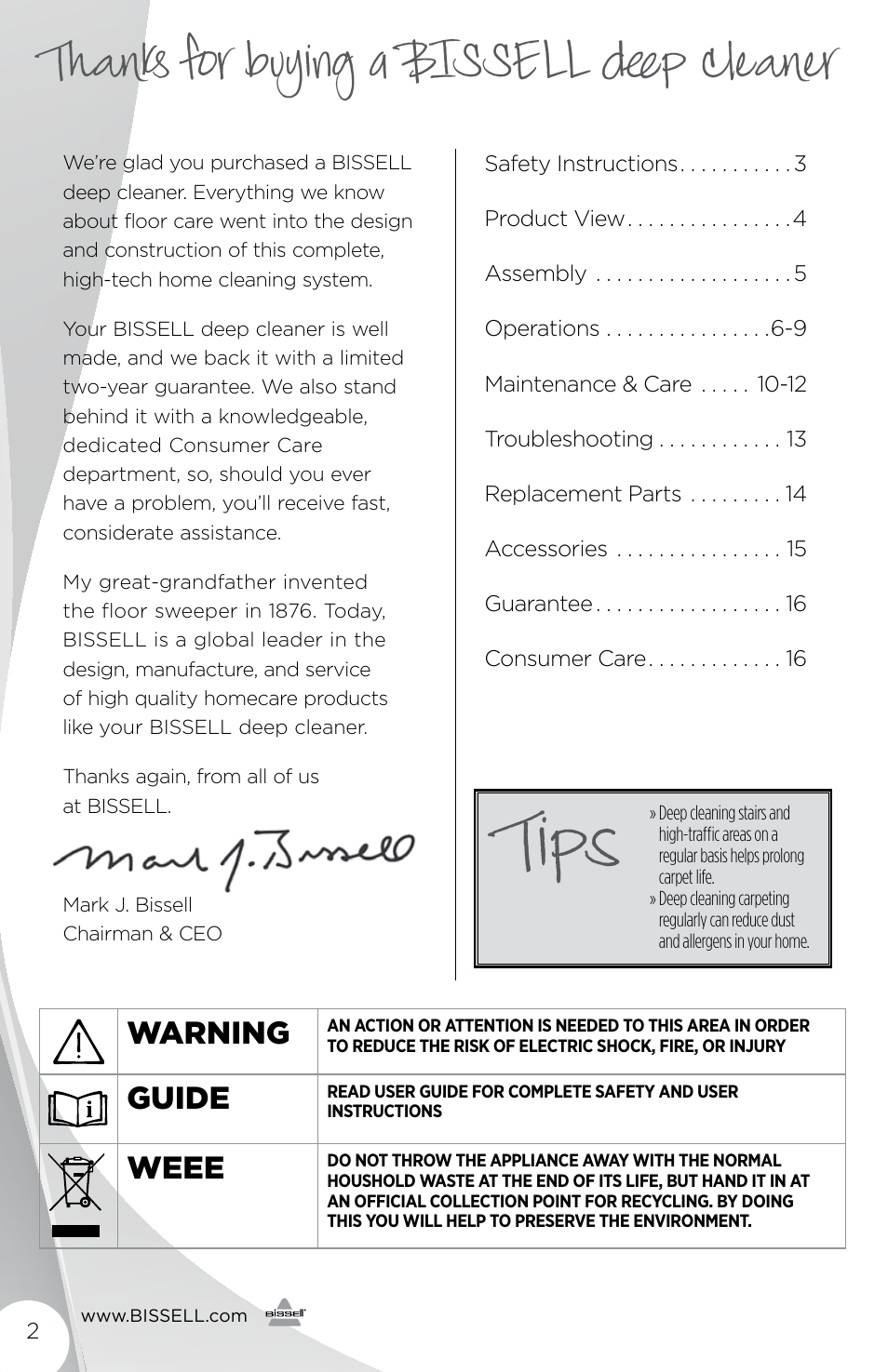 Tips, Warning, Guide | Weee | Bissell 3278 User Manual | Page 2 / 16