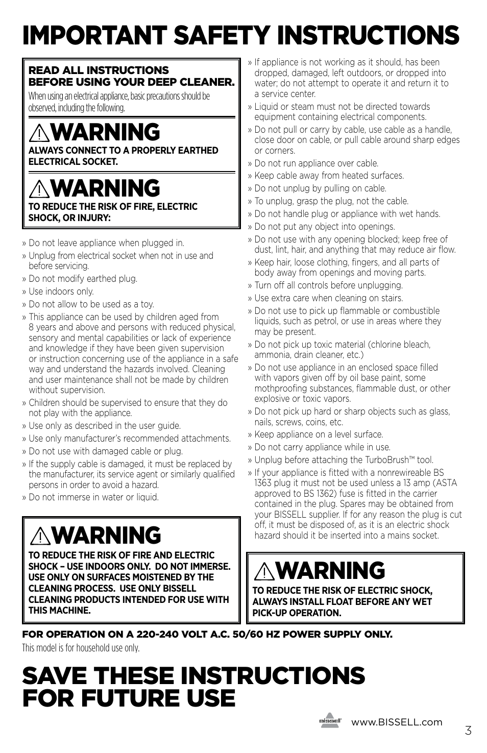 Important safety instructions, Warning, Save these instructions for future use | Bissell 3278 User Manual | Page 3 / 16