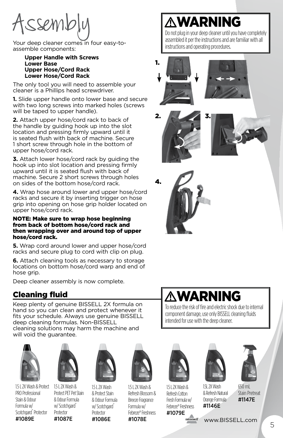 Assembly, Warning, Cleaning fluid | Bissell 3278 User Manual | Page 5 / 16