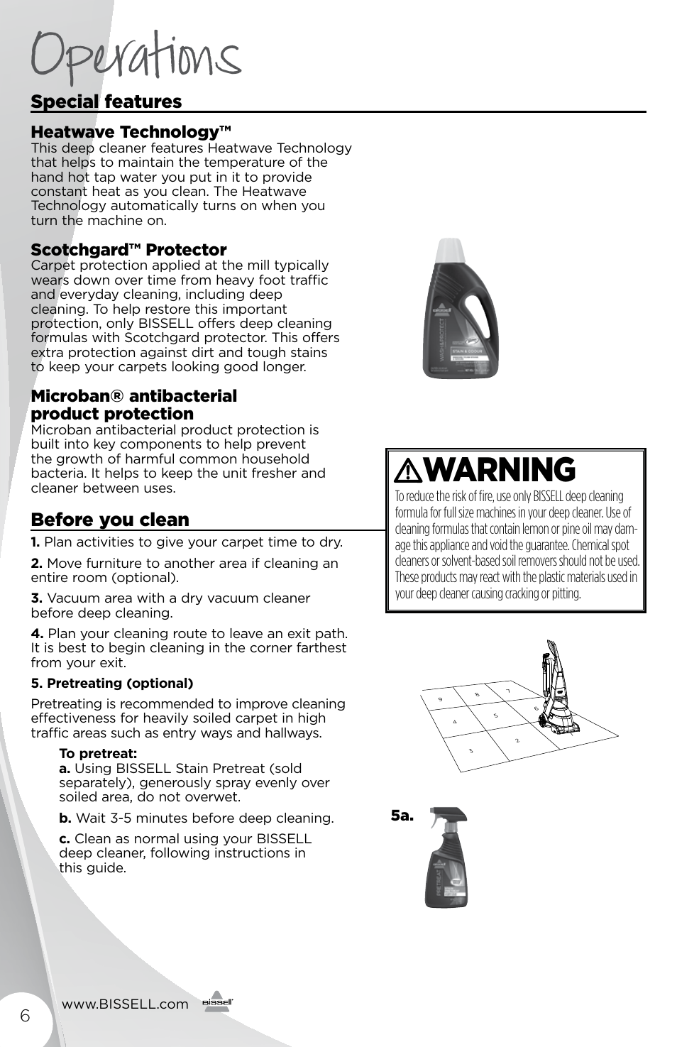 Operations, Warning, Special features | Before you clean, Heatwave technology, Scotchgard™ protector, Microban® antibacterial product protection | Bissell 3278 User Manual | Page 6 / 16