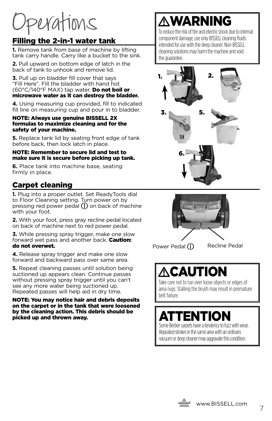 Operations, Attention, Caution | Warning | Bissell 3278 User Manual | Page 7 / 16