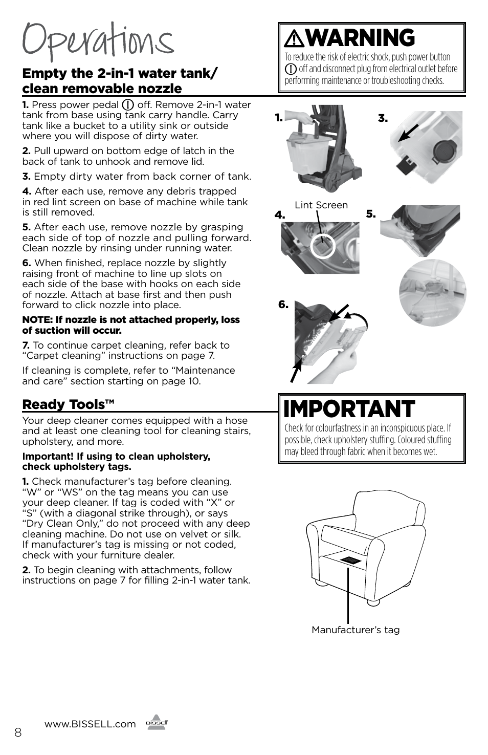 Operations, Important, Warning | Ready tools | Bissell 3278 User Manual | Page 8 / 16