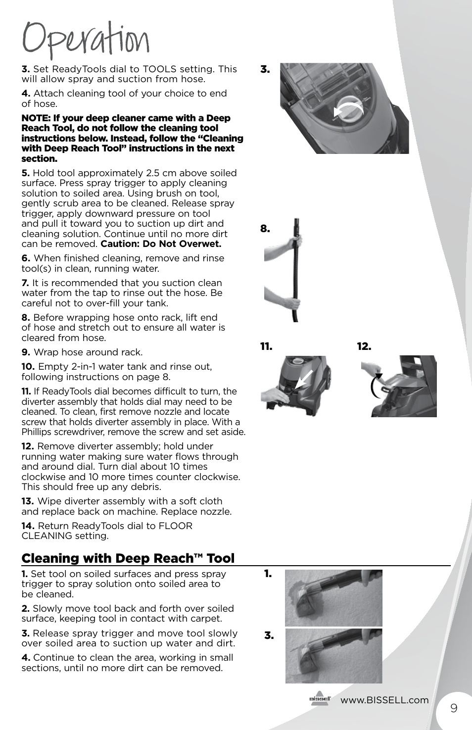 Operation, Cleaning with deep reach™ tool | Bissell 3278 User Manual | Page 9 / 16