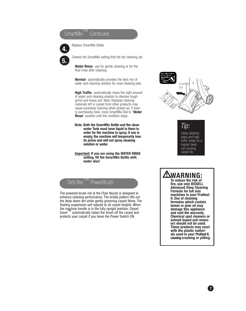 Warning, Smartmix™ continued, Dirtlifter™ powerbrush | Bissell 7901J User Manual | Page 7 / 20