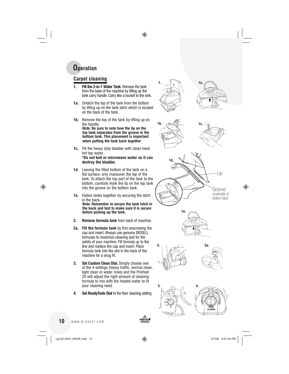 Peration, Lip groove, Carpet cleaning | Bissell 9500E User Manual | Page 10 / 28