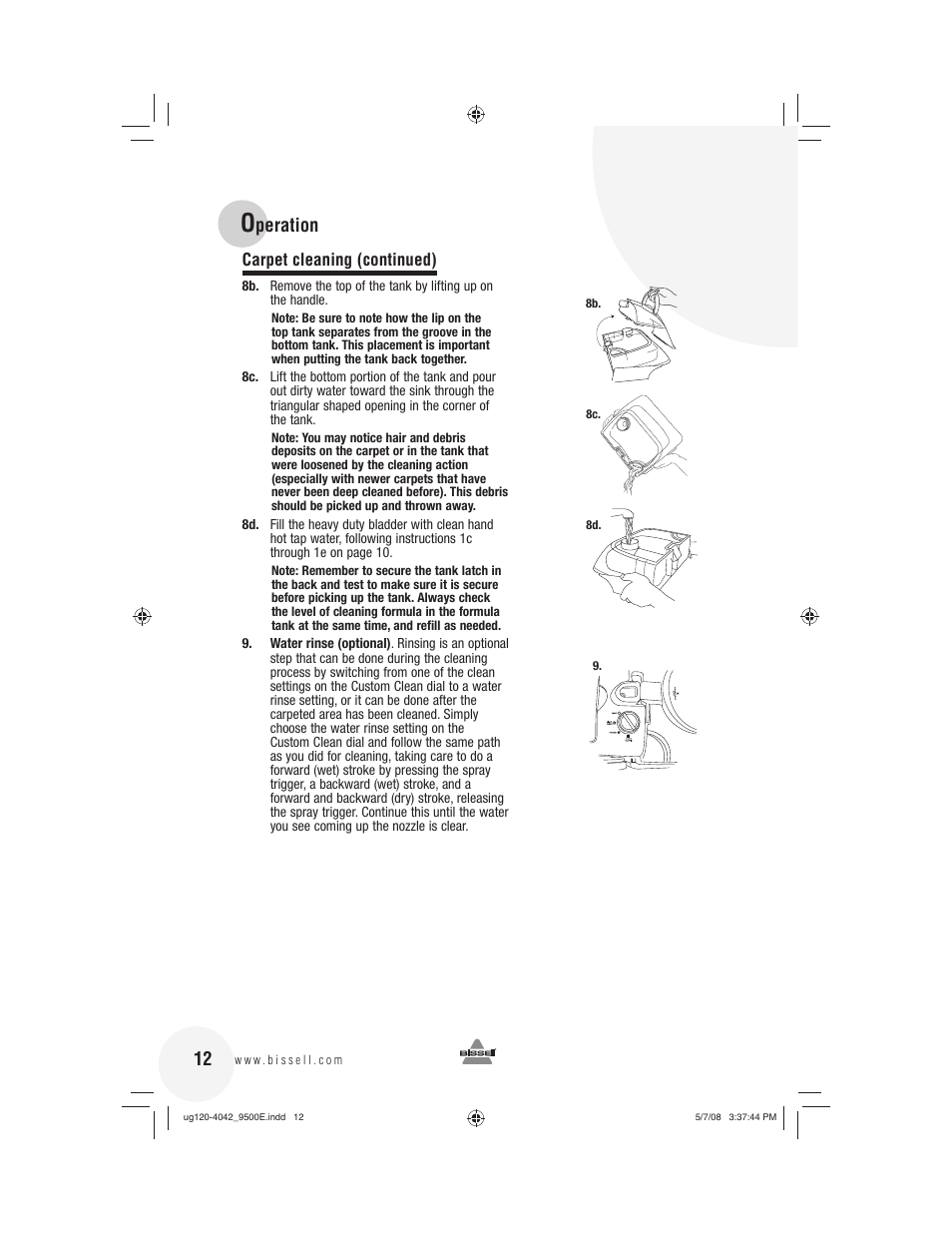 Peration, Carpet cleaning (continued) | Bissell 9500E User Manual | Page 12 / 28