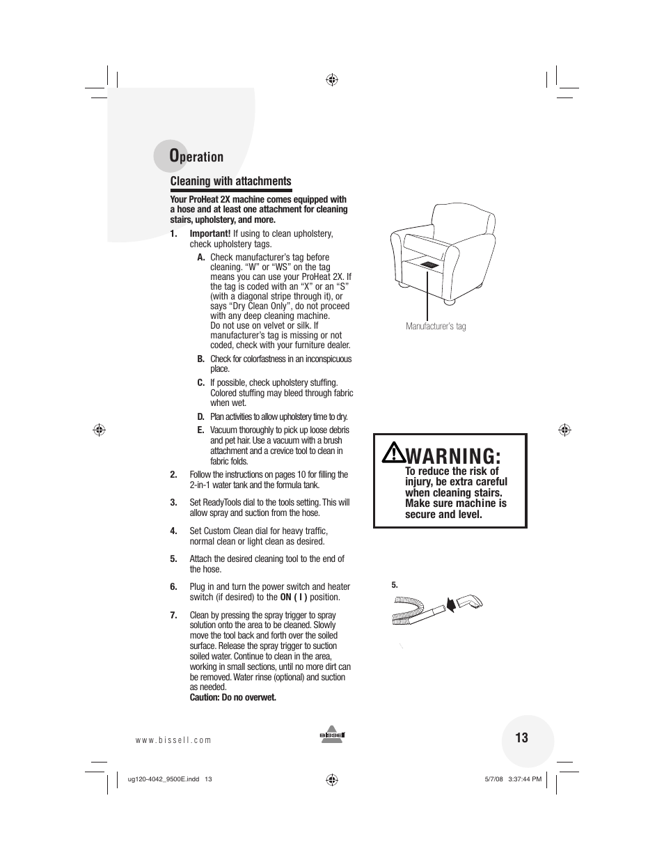 Warning, Peration, Cleaning with attachments | Bissell 9500E User Manual | Page 13 / 28