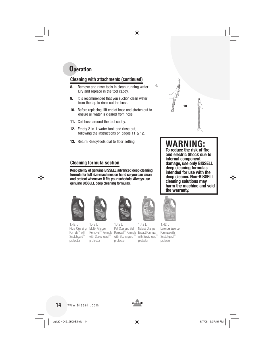 Warning, Peration, Cleaning with attachments (continued) | Bissell 9500E User Manual | Page 14 / 28