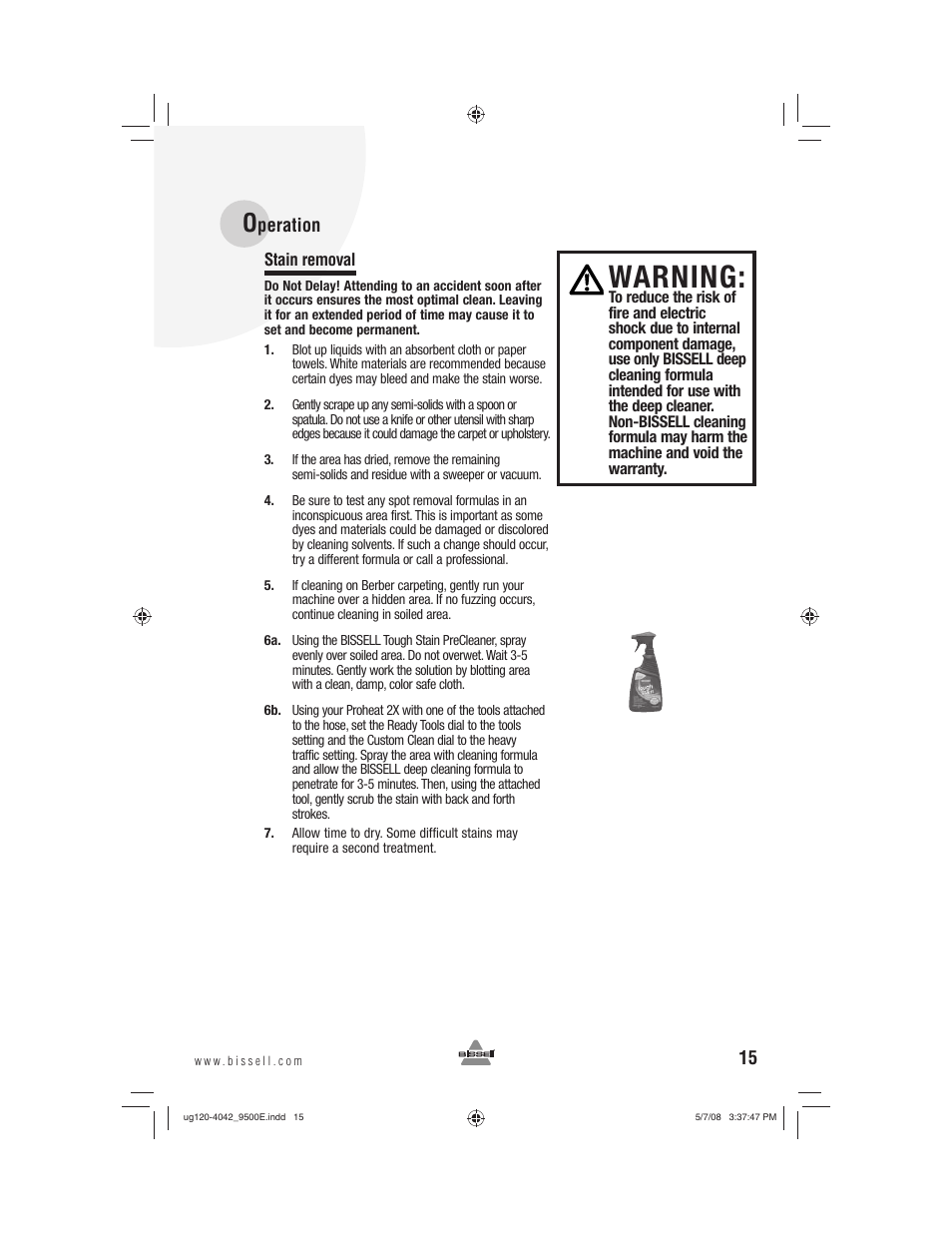 Warning | Bissell 9500E User Manual | Page 15 / 28