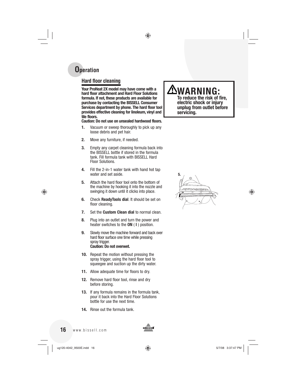 Warning, Peration | Bissell 9500E User Manual | Page 16 / 28