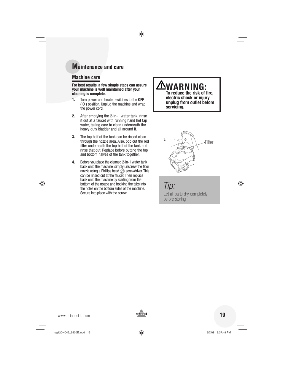 Warning | Bissell 9500E User Manual | Page 19 / 28