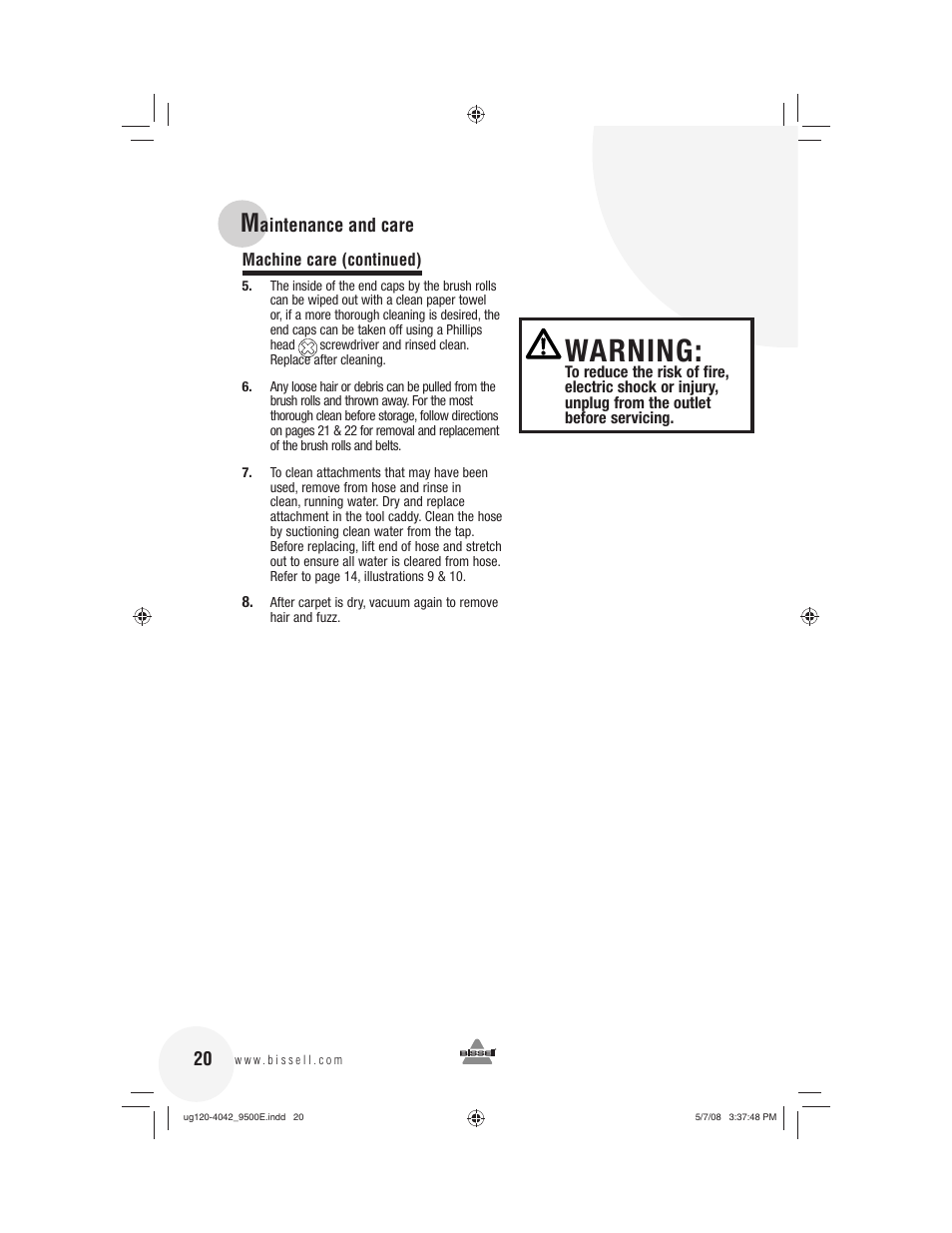 Warning | Bissell 9500E User Manual | Page 20 / 28