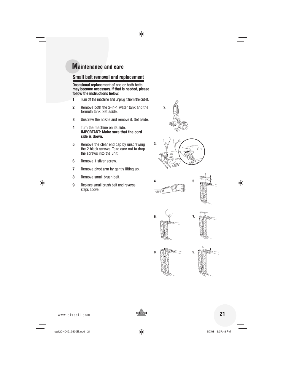 Aintenance and care, Small belt removal and replacement | Bissell 9500E User Manual | Page 21 / 28