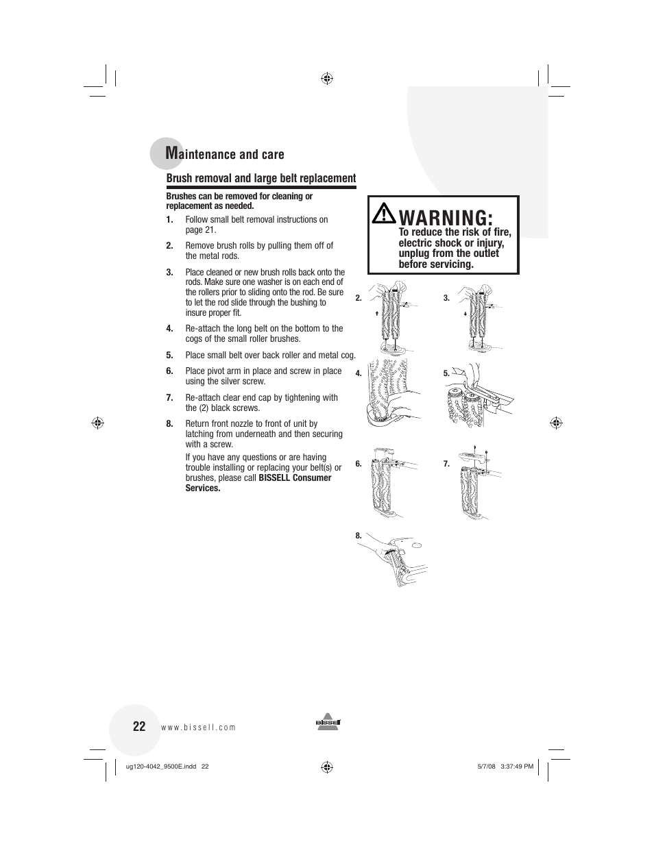 Warning, Aintenance and care | Bissell 9500E User Manual | Page 22 / 28
