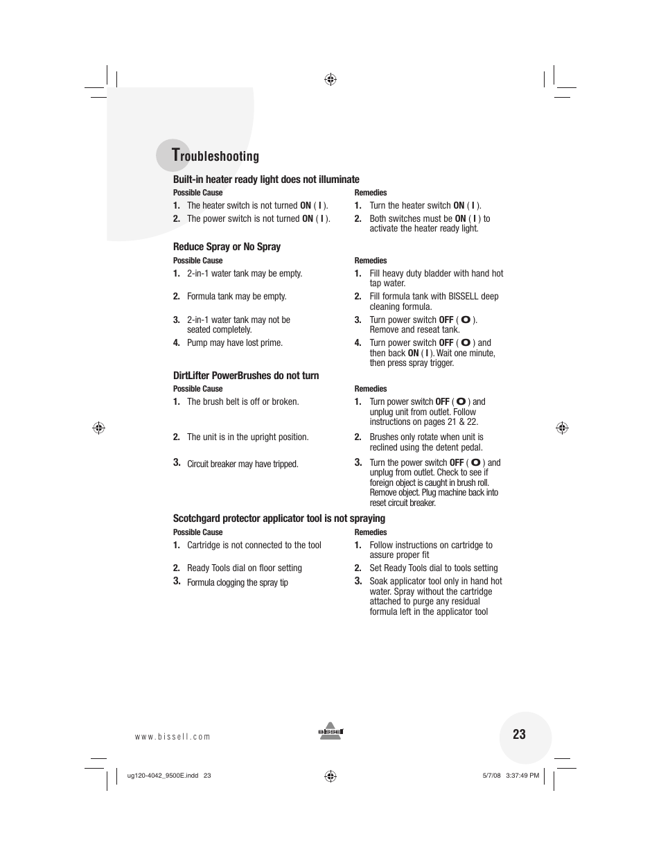 Roubleshooting | Bissell 9500E User Manual | Page 23 / 28