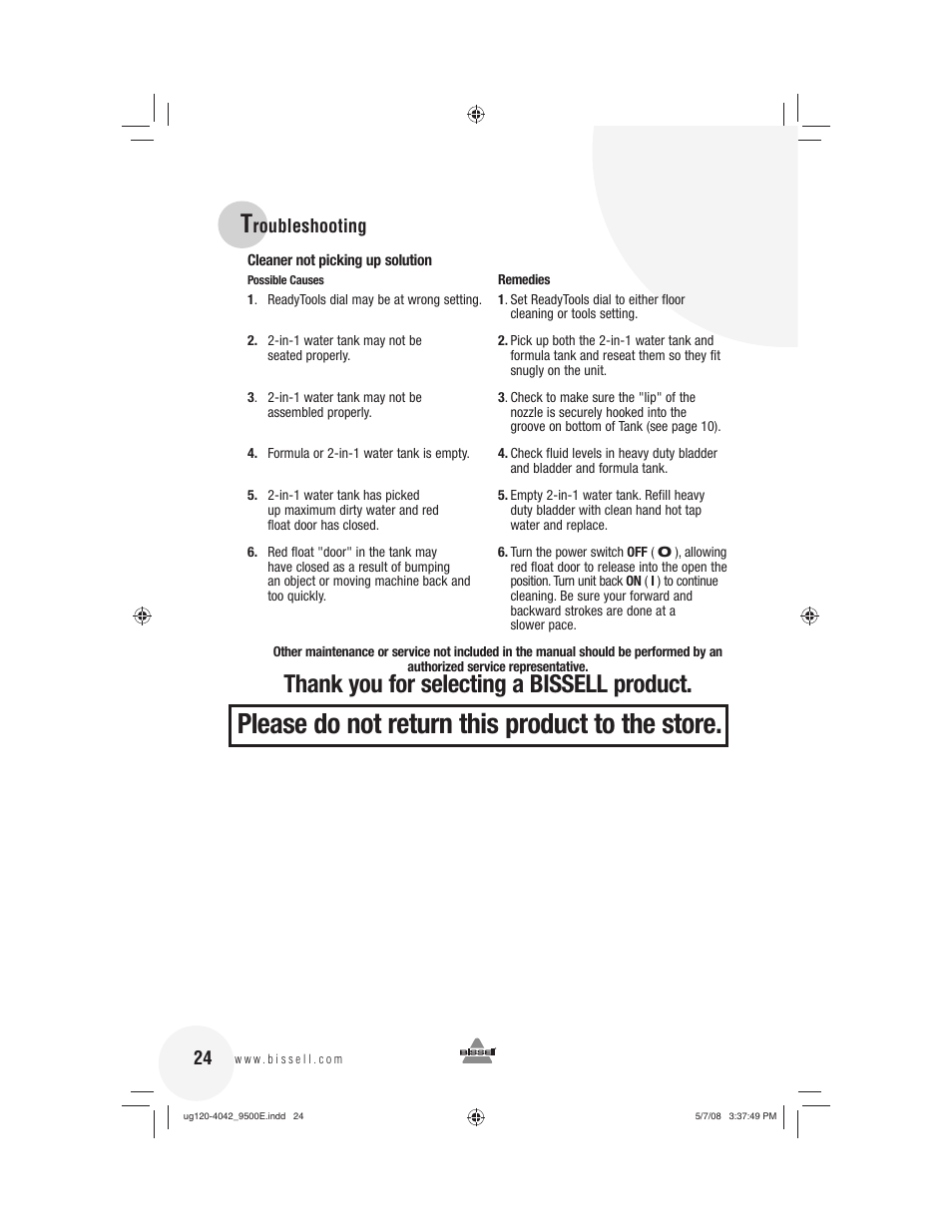 Please do not return this product to the store, Roubleshooting | Bissell 9500E User Manual | Page 24 / 28