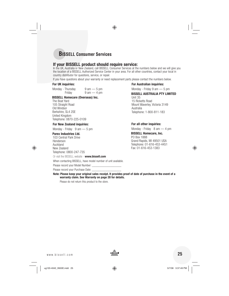 Bissell 9500E User Manual | Page 25 / 28