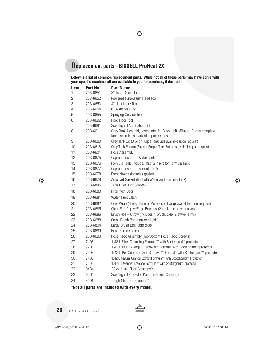 Eplacement parts - bissell proheat 2x | Bissell 9500E User Manual | Page 26 / 28