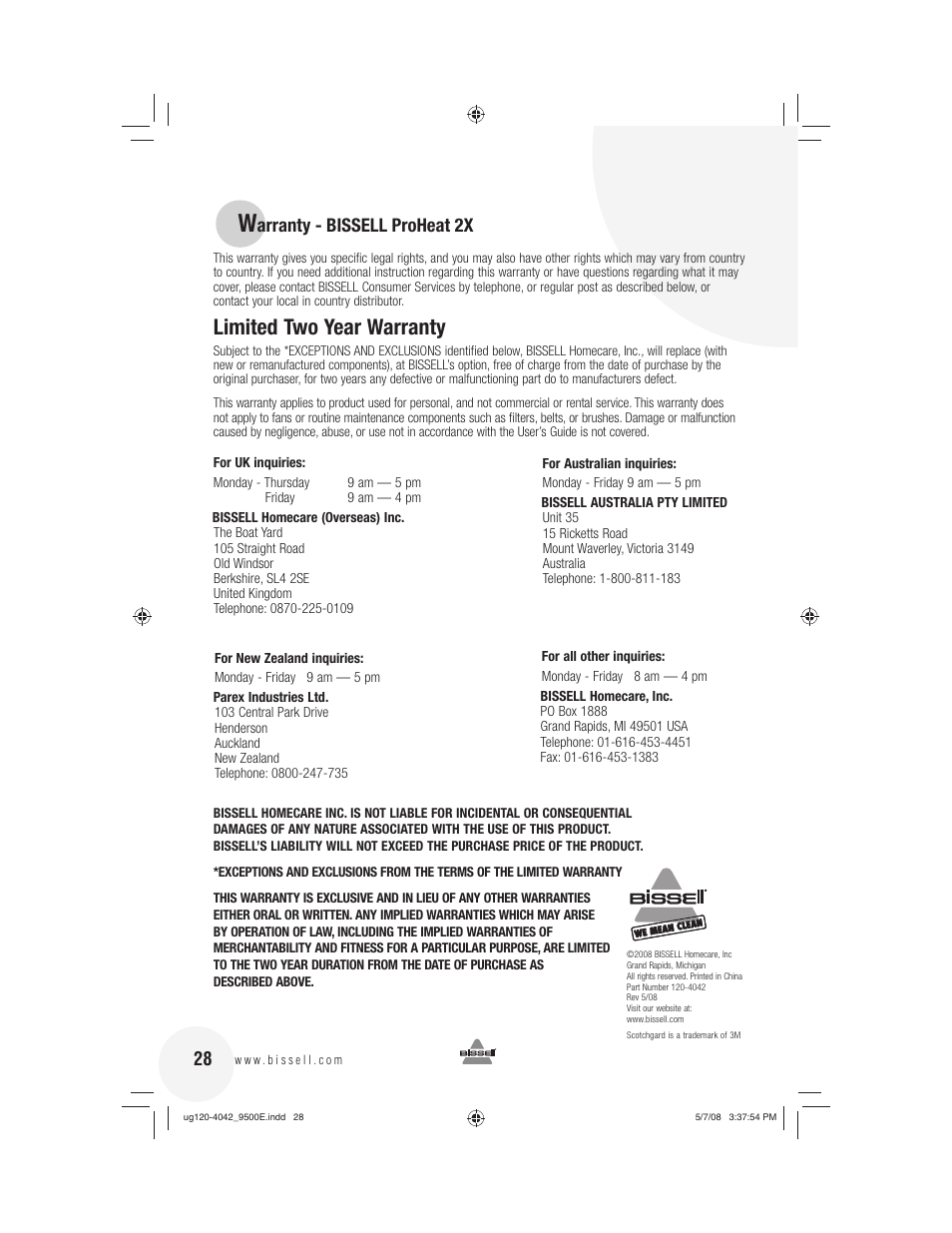 Limited two year warranty, Arranty - bissell proheat 2x | Bissell 9500E User Manual | Page 28 / 28
