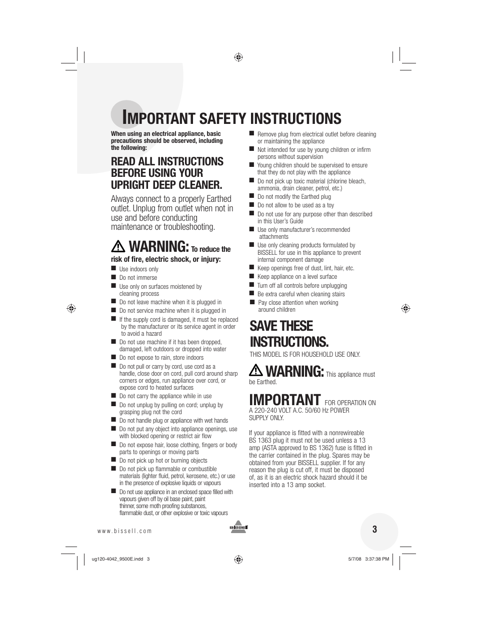 Warning, Important, Mportant safety instructions | Save these instructions | Bissell 9500E User Manual | Page 3 / 28