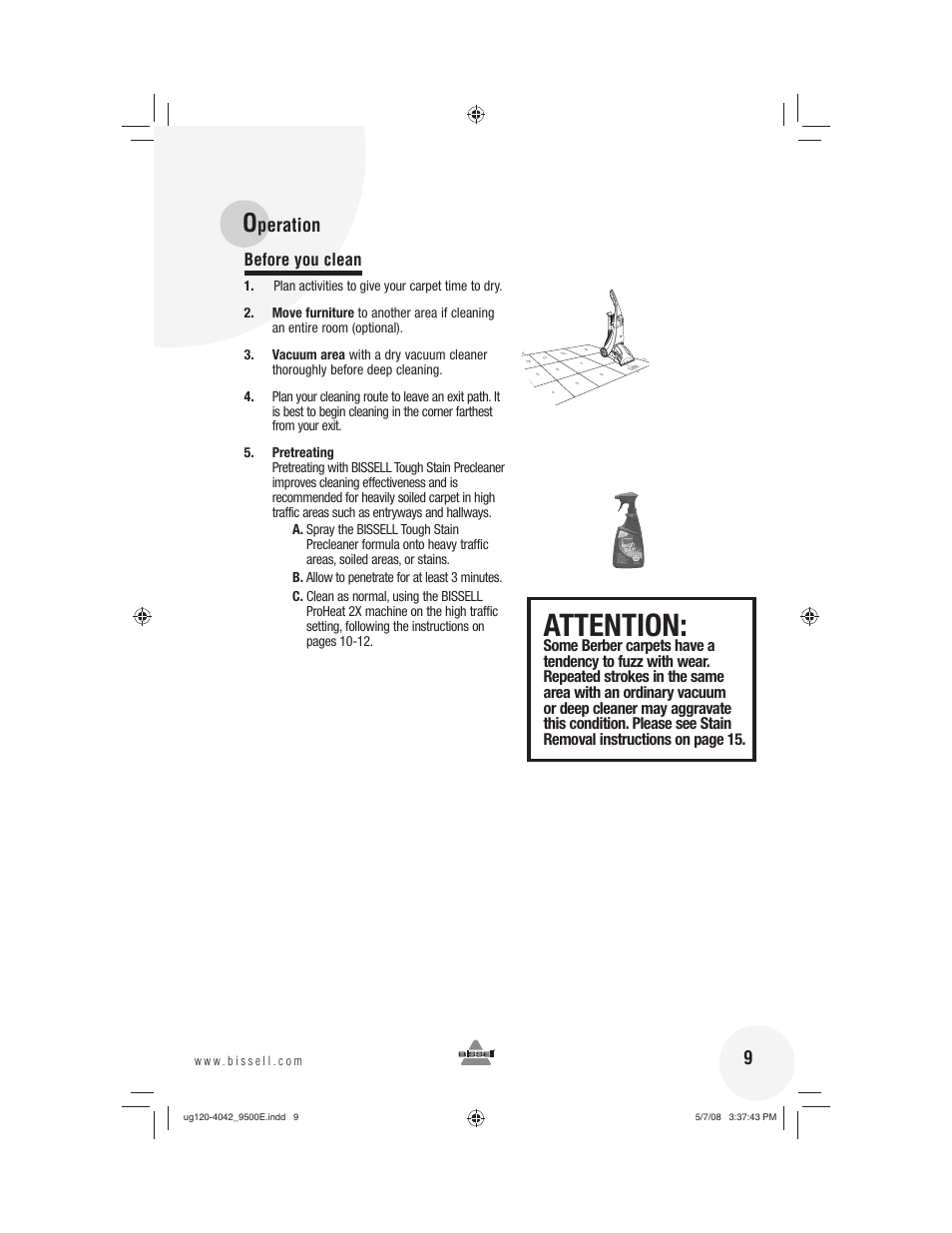 Attention, Peration, Before you clean | Bissell 9500E User Manual | Page 9 / 28