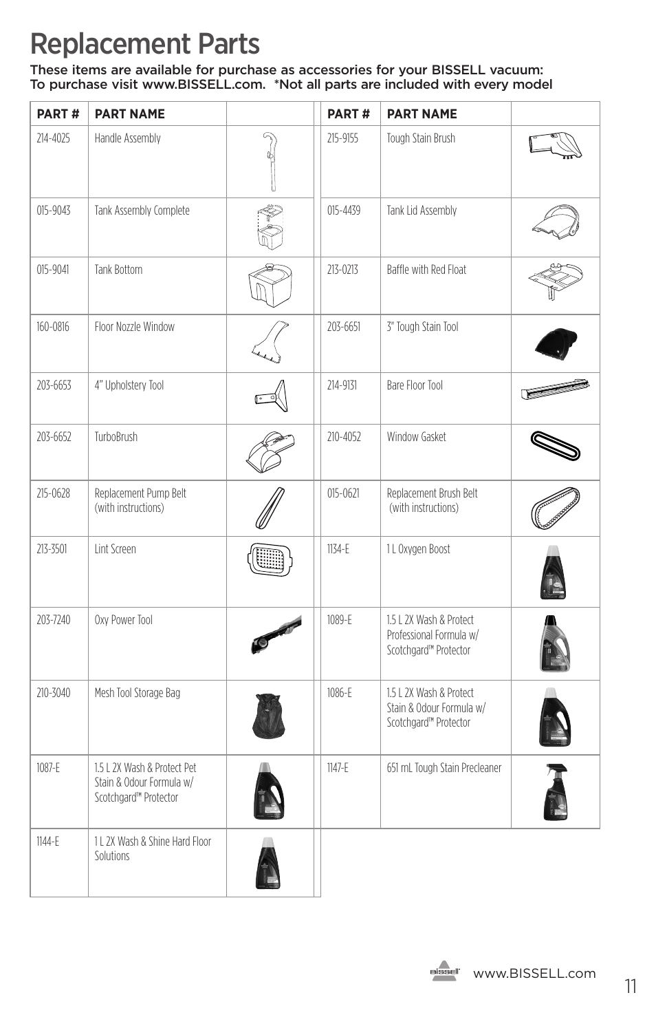 Replacement parts | Bissell 16949 User Manual | Page 11 / 12