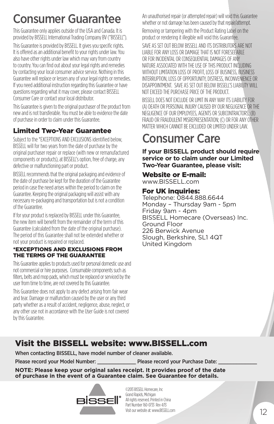 Consumer guarantee, Consumer care | Bissell 16949 User Manual | Page 12 / 12