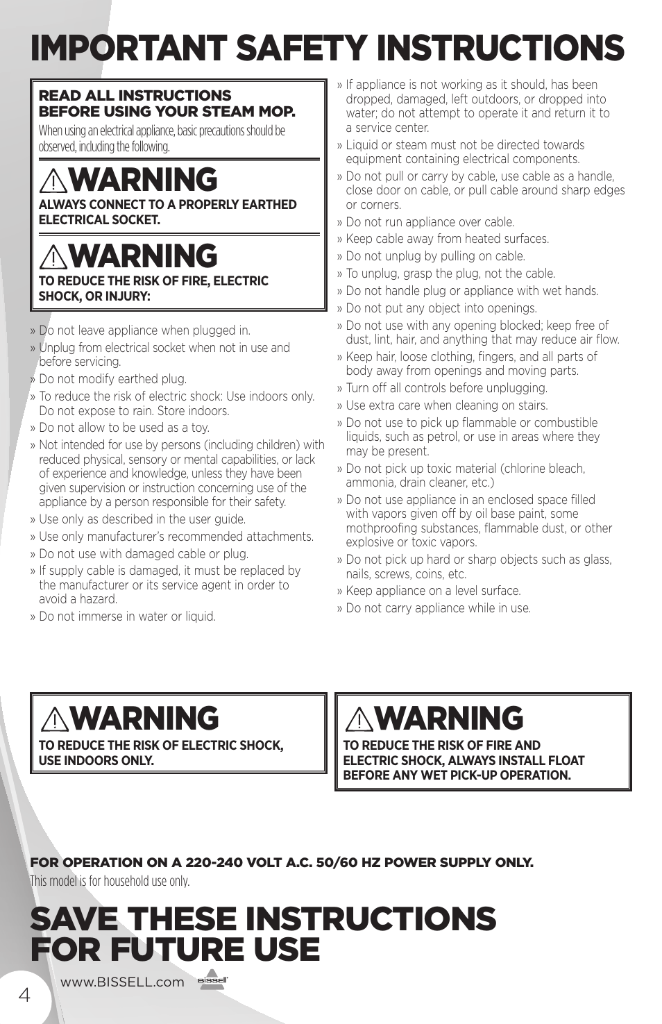 Important safety instructions, Warning, Save these instructions for future use | Bissell 16949 User Manual | Page 4 / 12
