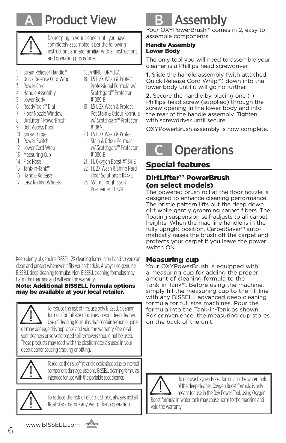 Product view, Assembly, Operations | Special features | Bissell 16949 User Manual | Page 6 / 12