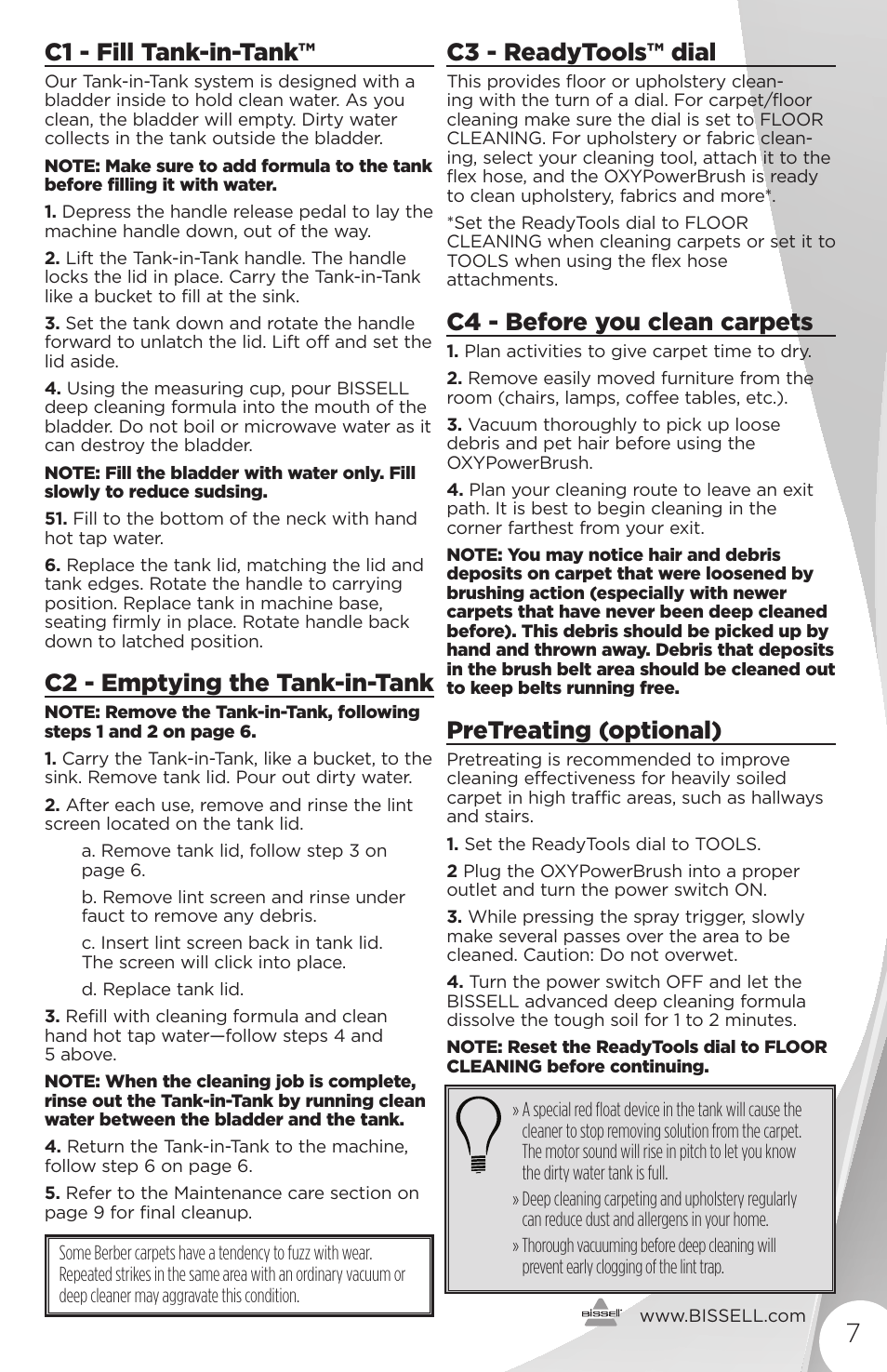 C1 - fill tank-in-tank, C2 - emptying the tank-in-tank, C3 - readytools™ dial | C4 - before you clean carpets, Pretreating (optional) | Bissell 16949 User Manual | Page 7 / 12