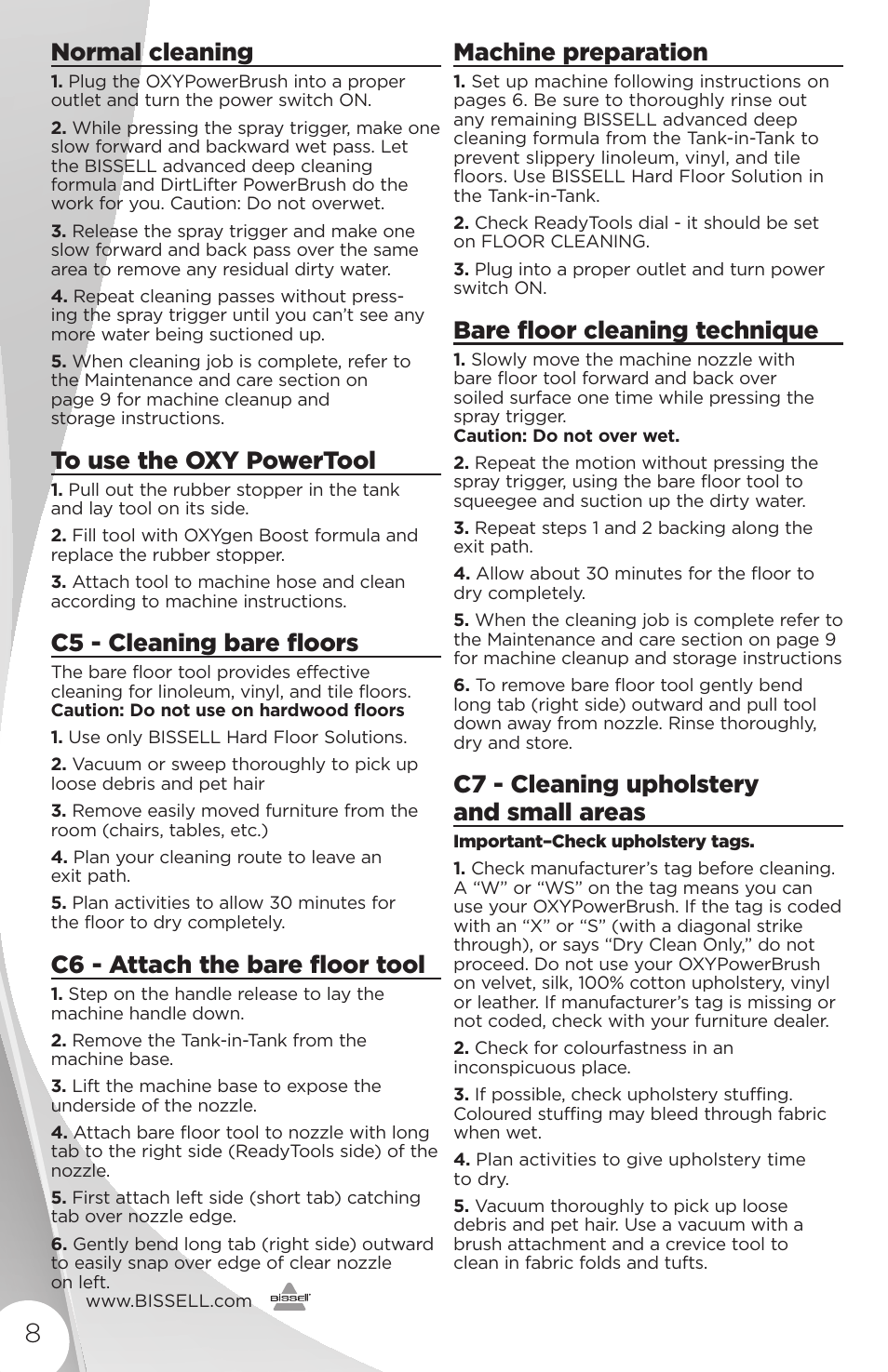 Normal cleaning, C5 - cleaning bare floors, C6 - attach the bare floor tool | Machine preparation, Bare floor cleaning technique, C7 - cleaning upholstery and small areas | Bissell 16949 User Manual | Page 8 / 12