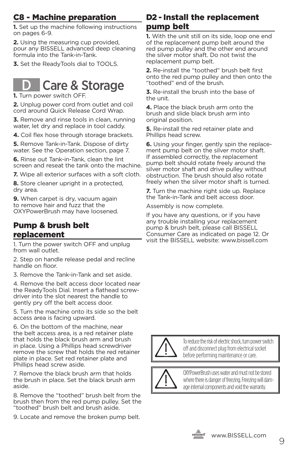 Care & storage, C8 - machine preparation, Pump & brush belt replacement | D2 - install the replacement pump belt | Bissell 16949 User Manual | Page 9 / 12