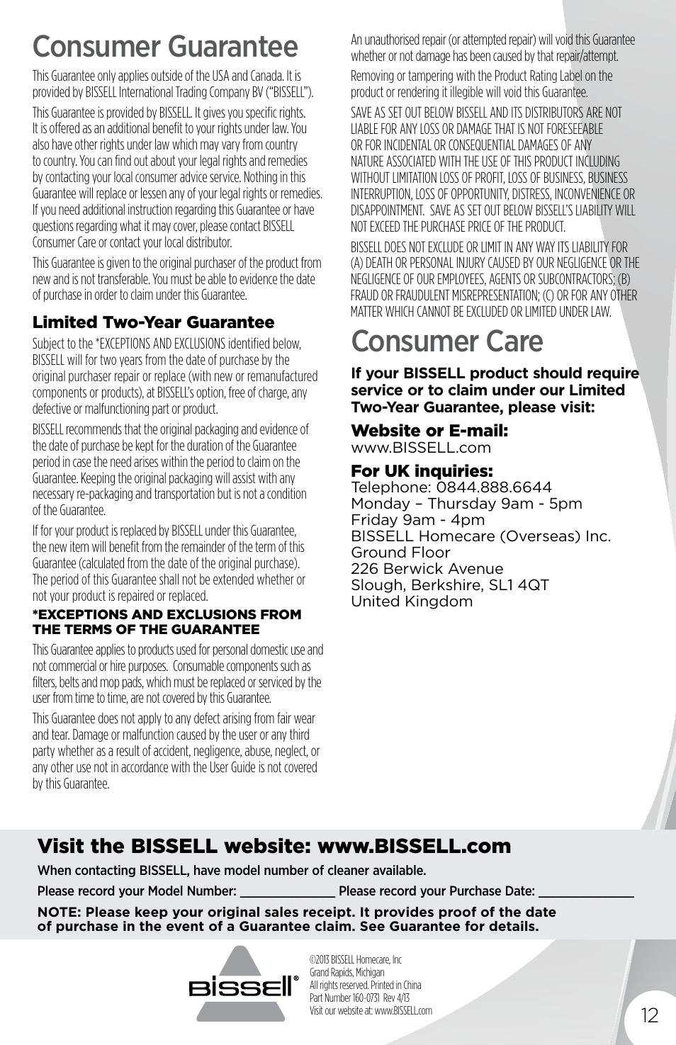 Consumer guarantee, Consumer care | Bissell 16972 User Manual | Page 12 / 12