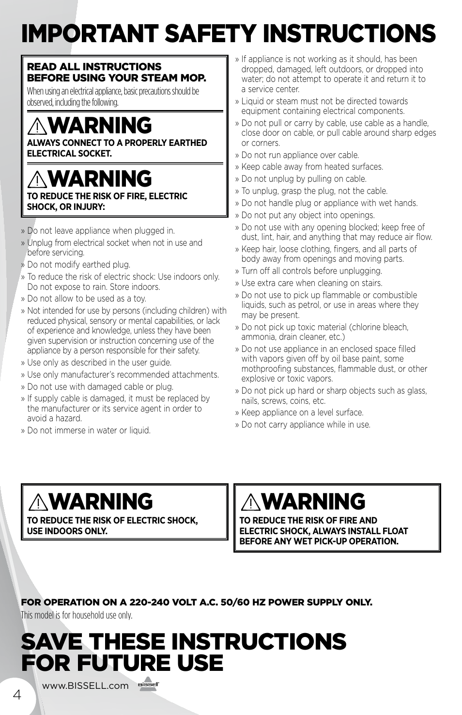 Important safety instructions, Warning, Save these instructions for future use | Bissell 16972 User Manual | Page 4 / 12