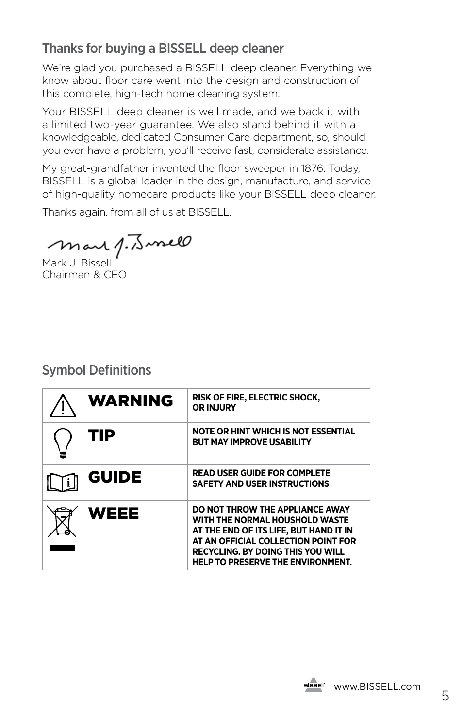 Warning, Guide, Weee | Symbol definitions | Bissell 16972 User Manual | Page 5 / 12