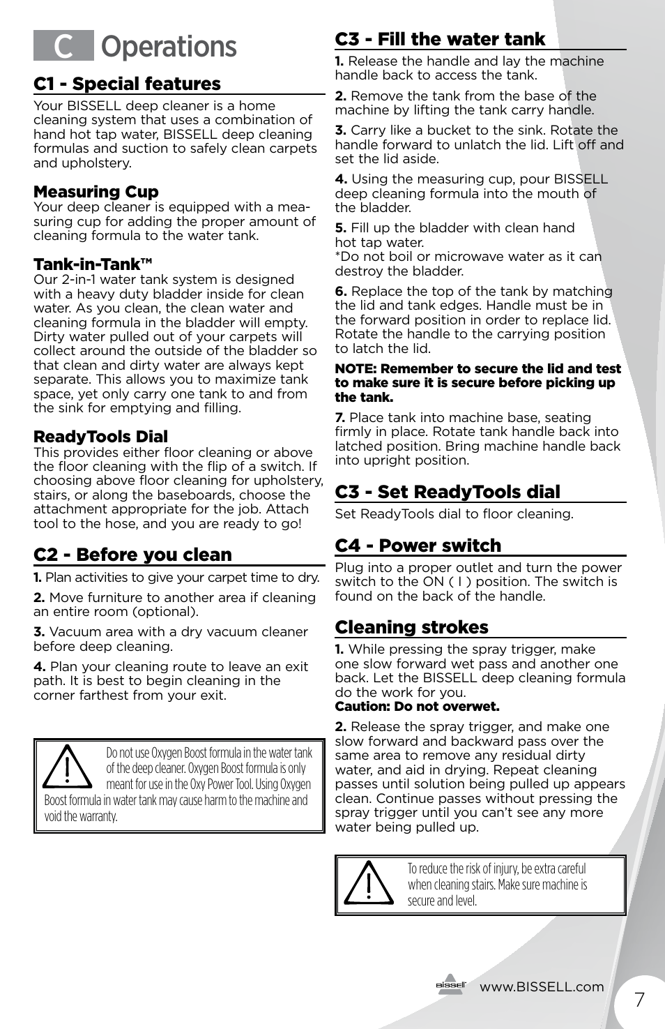 Operations, C1 - special features, C2 - before you clean | C3 - fill the water tank, C3 - set readytools dial, C4 - power switch, Cleaning strokes | Bissell 16972 User Manual | Page 7 / 12