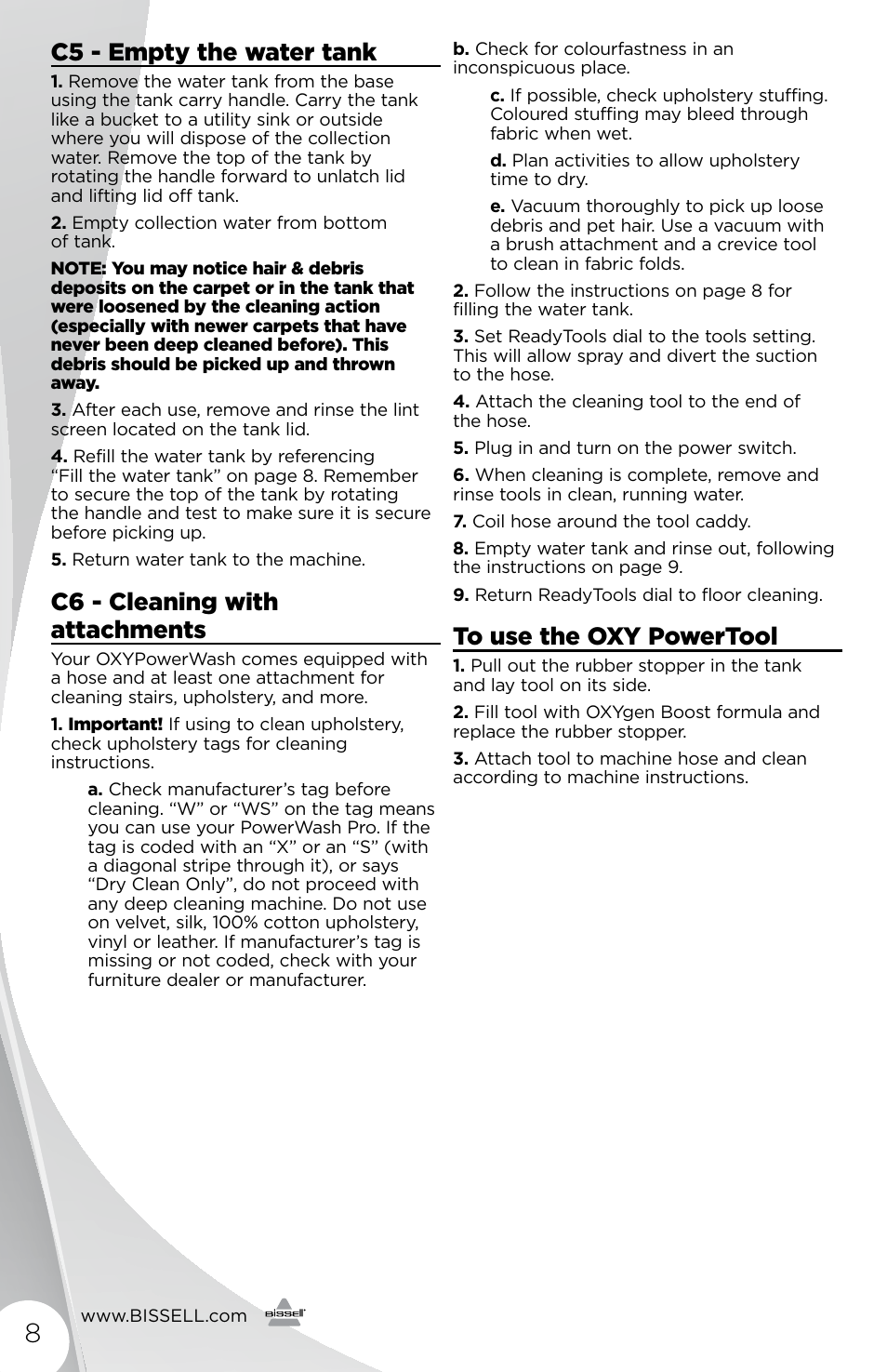 C5 - empty the water tank, C6 - cleaning with attachments | Bissell 16972 User Manual | Page 8 / 12