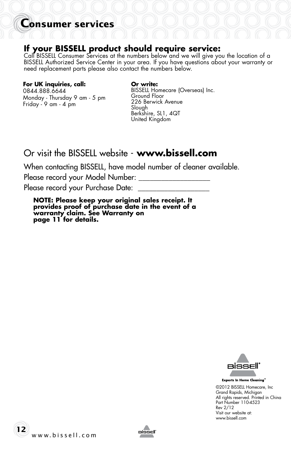 Onsumer services, If your bissell product should require service | Bissell 10Z3E User Manual | Page 12 / 12