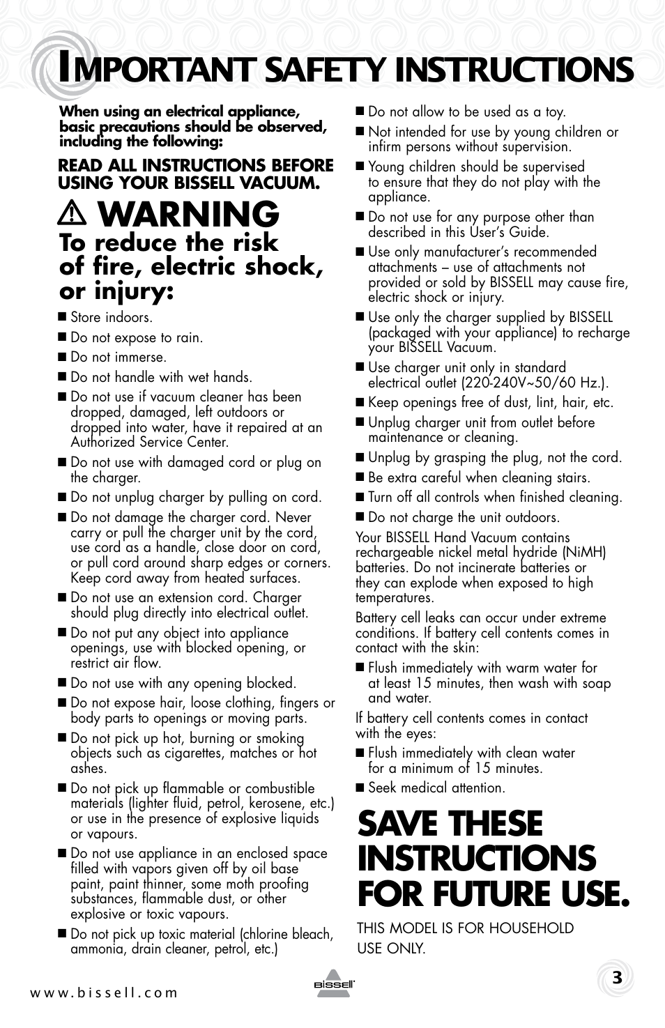 Mportant safety instructions, Warning, Save these instructions for future use | Bissell 10Z3E User Manual | Page 3 / 12