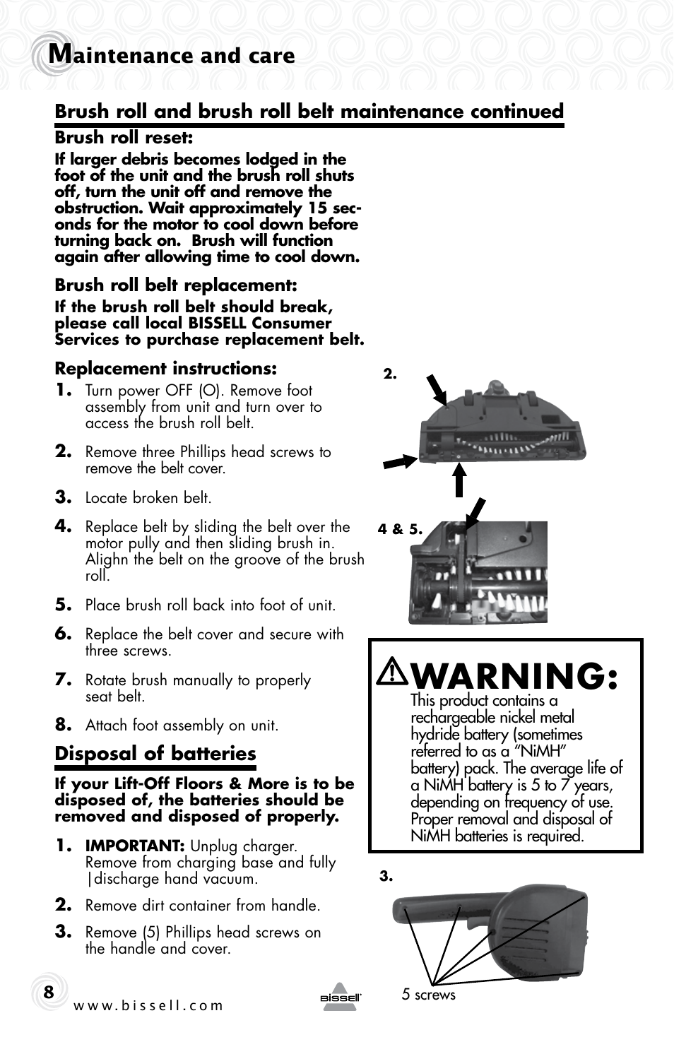 Warning, Aintenance and care | Bissell 10Z3E User Manual | Page 8 / 12