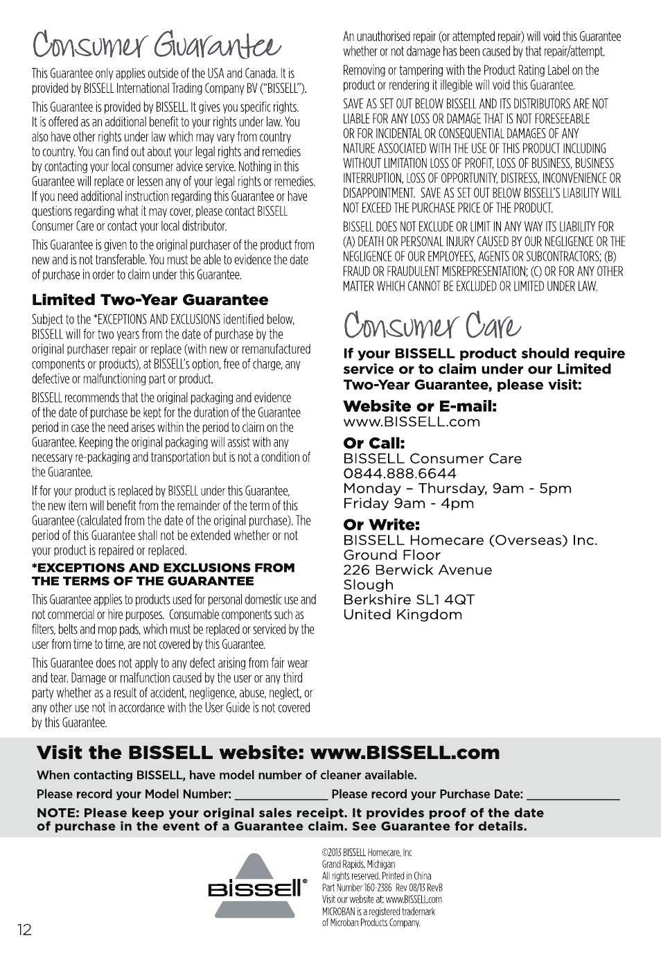Cmsiwi^r simiaaiay, Limited two-year guarantee, Simiaaiay | Website or e-mail, Or call, Or write | Bissell 11323 User Manual | Page 12 / 12