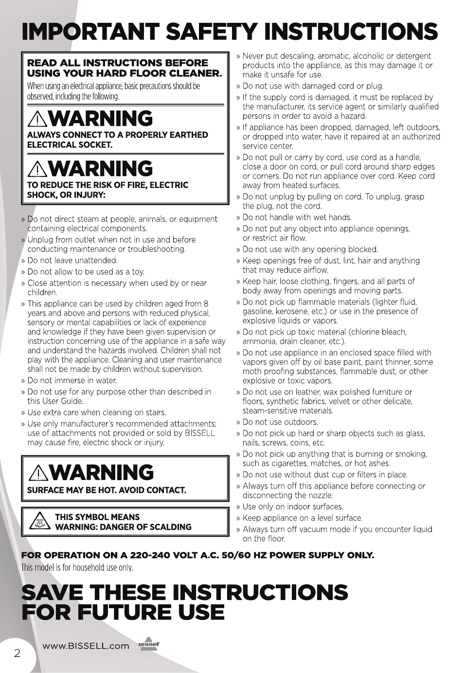 Important safety instructions, Awarning, Save these instructions for future use | Bissell 11323 User Manual | Page 2 / 12