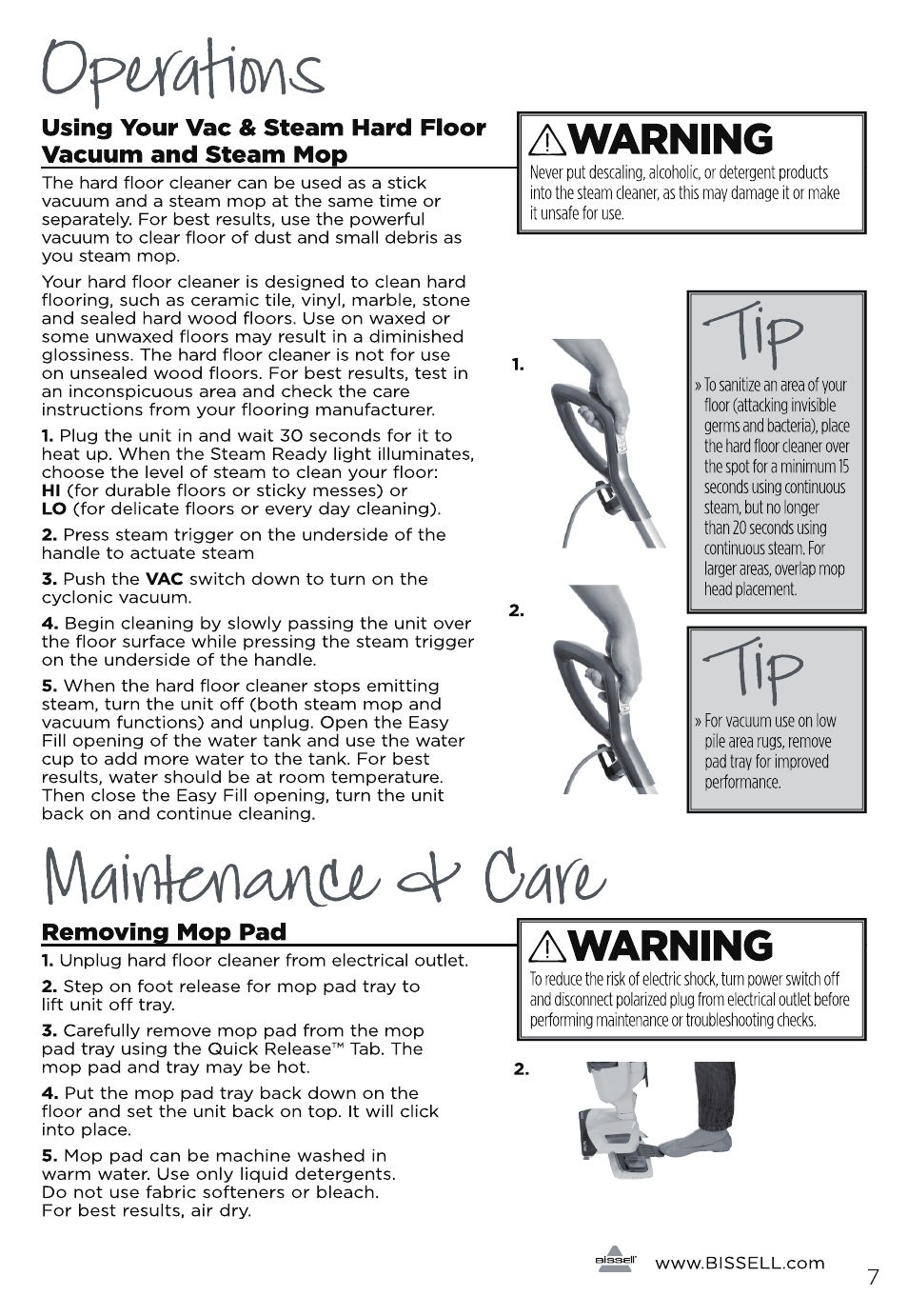 Awarning, Removing mop pad | Bissell 11323 User Manual | Page 7 / 12