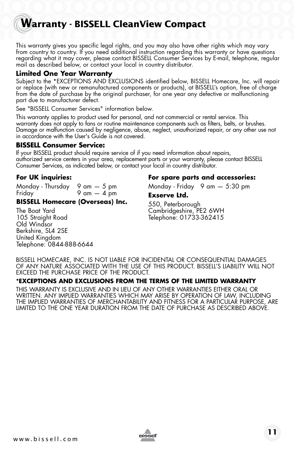Arranty - bissell cleanview compact | Bissell 12R7E User Manual | Page 11 / 12