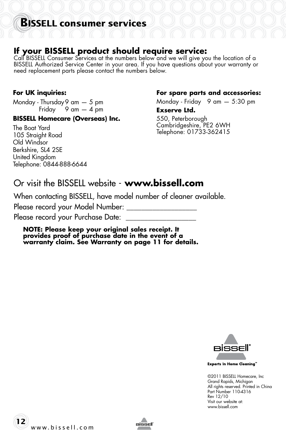 Issell consumer services, If your bissell product should require service | Bissell 12R7E User Manual | Page 12 / 12